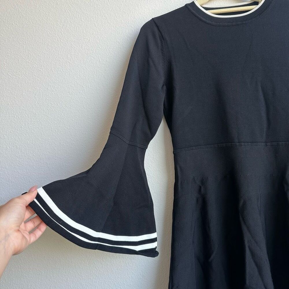 Eliza J Black White Stripe Trim Bell Sleeve Fit & Flare Dress Size Small - Picture 3 of 7